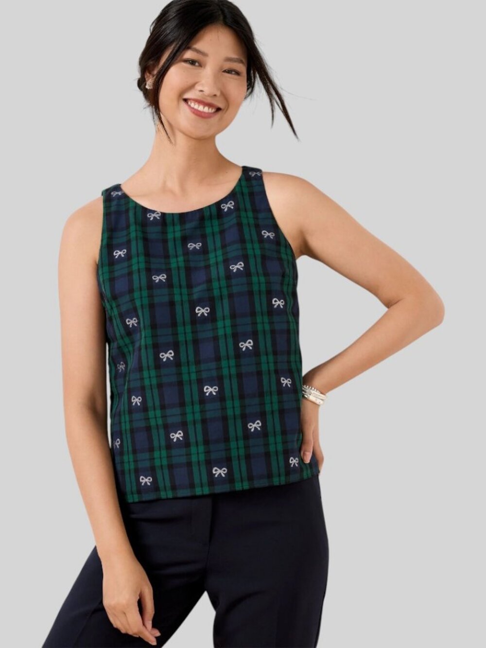 NWT TALBOTS METALLIC BOW BLACK WATCH PLAID SHELL TOP SIZE 10